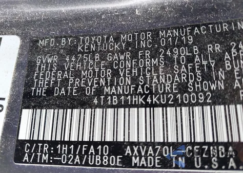2019 Toyota Camry Le from USA, damaged, VIN 4T1B11HK4KU210092